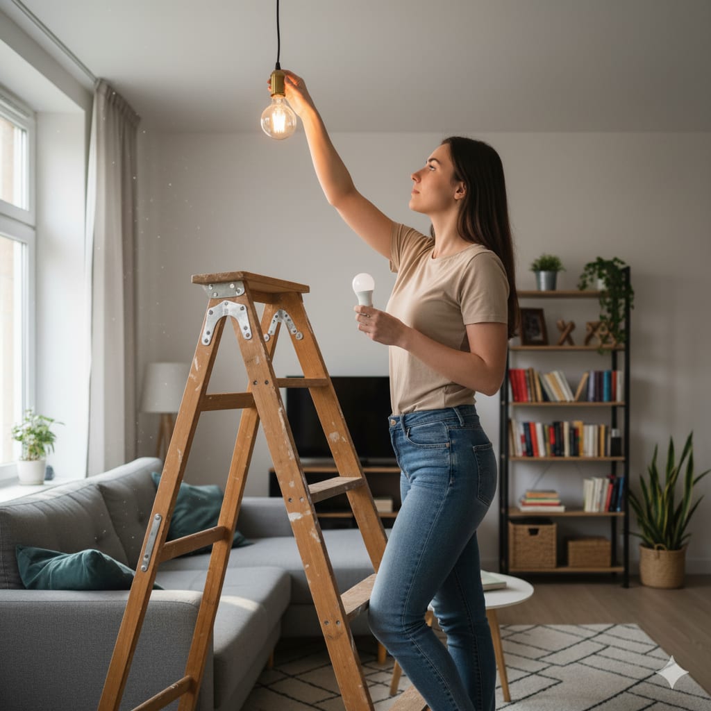 Vrouw vervangt oude gloeilamp voor ledlamp