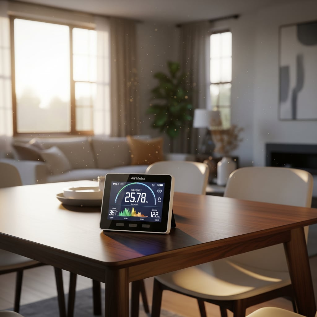 Luchtkwaliteitsmeter staat op de eettafel in een woonkamer