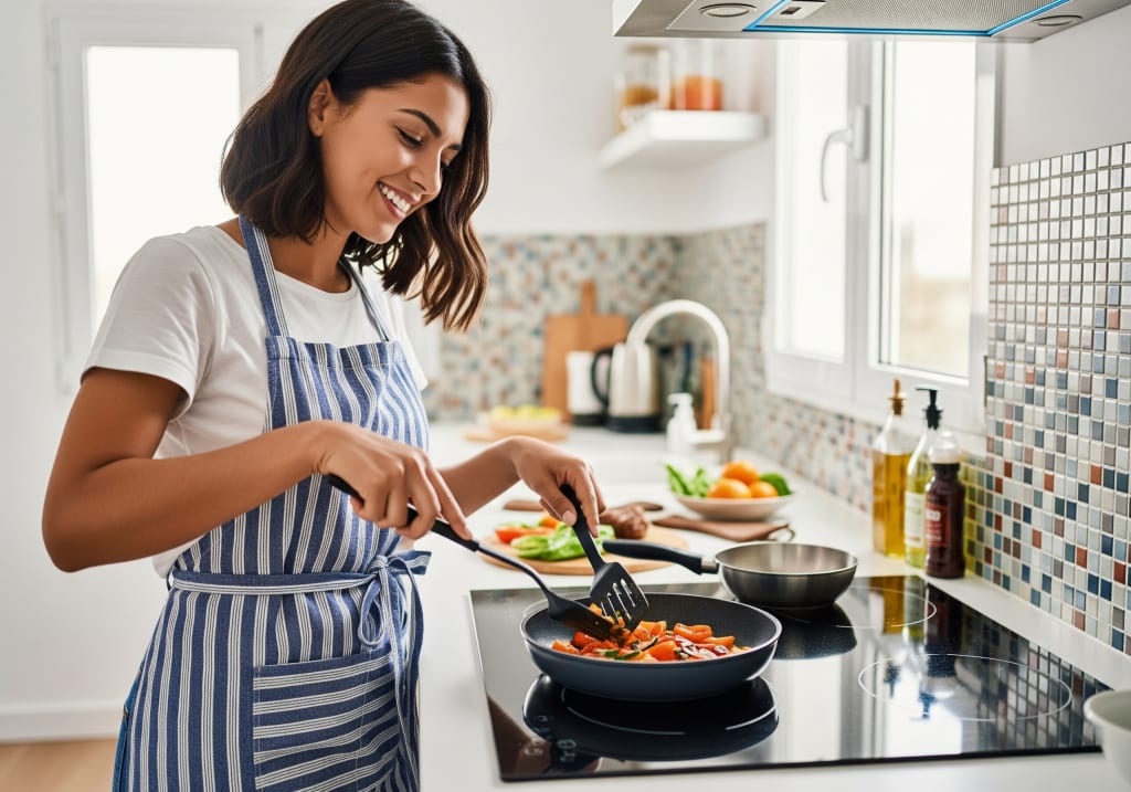 Vrouw kookt in keuken op elektrische kookplaat
