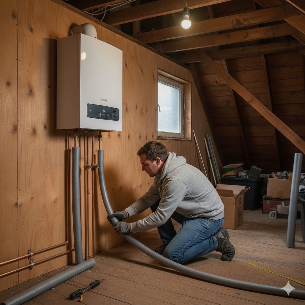 Persoon brengt leidingisolatie aan op een onverwarmde zolder