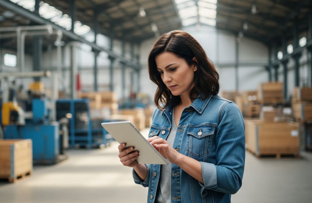 Vrouw in magazijn leest op tablet