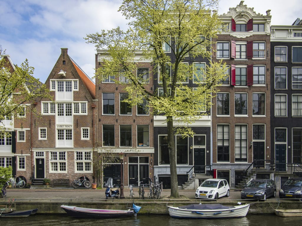 Foto van huizen aan de Brouwersgracht in Amsterdam met groene boom