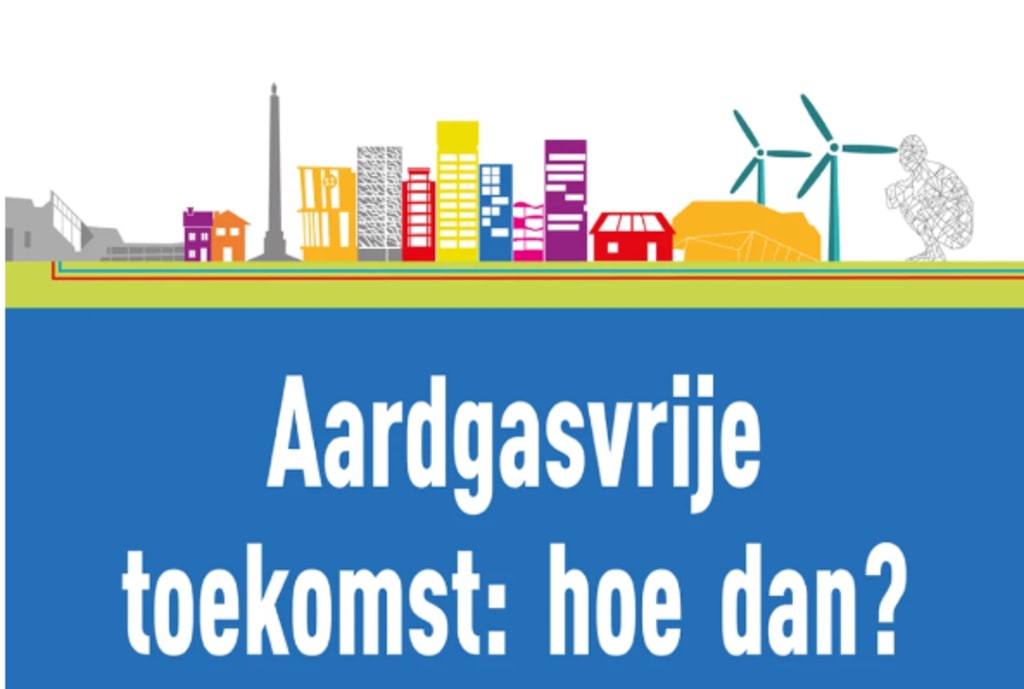 Afbeelding met de skyline van bouwwerken in Lelystad en de tekst: 'Aardgasvrije toekomst: Hoe dan?'