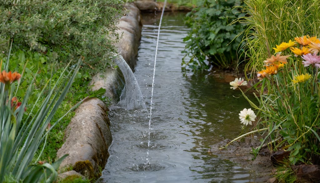 Regenwater komt uit in een natuurlijke brede vijver