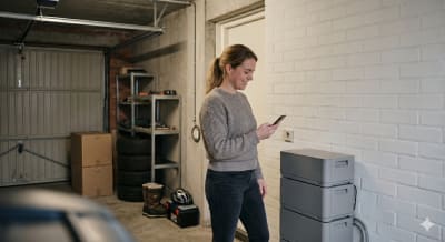 Vrouw staat in garage naast thuisbatterij