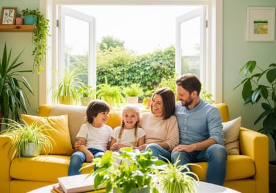 Gezin zit op de bank voor een open raam