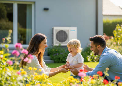 Gezin speelt met kind in de tuin, op de achtergrond zie je een warmtepomp tegen het huis staan