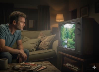 Man kijkt naar een oude televisie