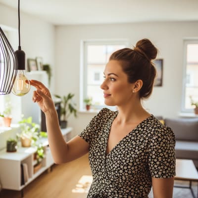 Vrouw staat in haar woonkamer en voelt aan lamp of deze warm is