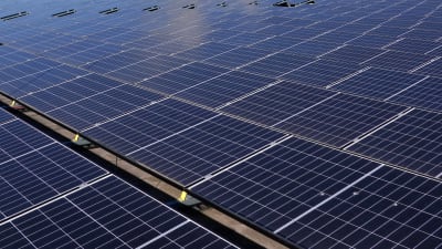 Close-up van zonnepanelen met zonlichtreflectie op het gladde oppervlak.