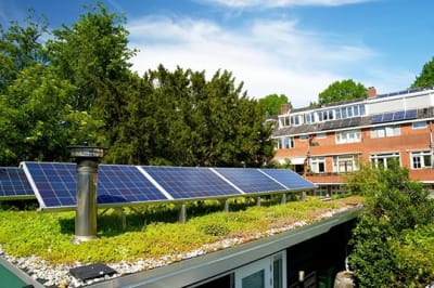 Zonnepanelen op een groen plat dak