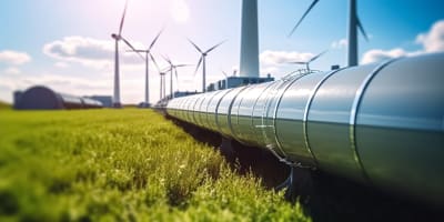 Waterstof pijpleiding met windmolens op de achtergrond illustreert duurzame energie