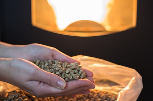 Hand houdt pellets vast voor in de pelletkachel