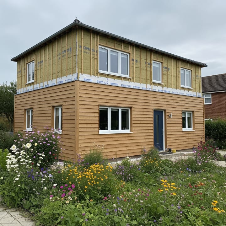 Vrijstaand huis is voor een deel afgewerkt met houten gevelbekleding