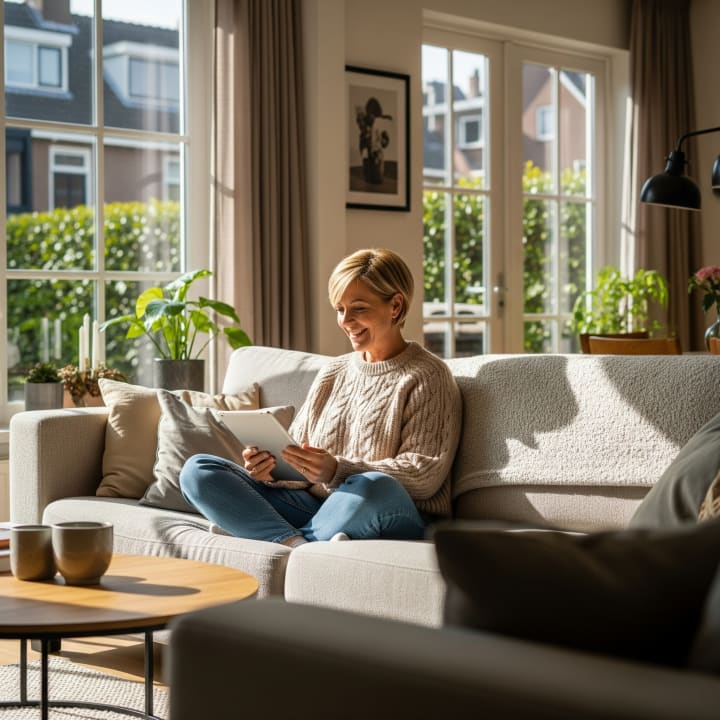 Vrouw zit in kleermakerzit op haar bank in de woonkamer met tablet in haar hand