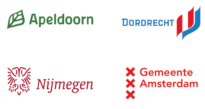 Logo's van gemeenten Apeldoorn, Dordrecht, Nijmegen en Amsterdam