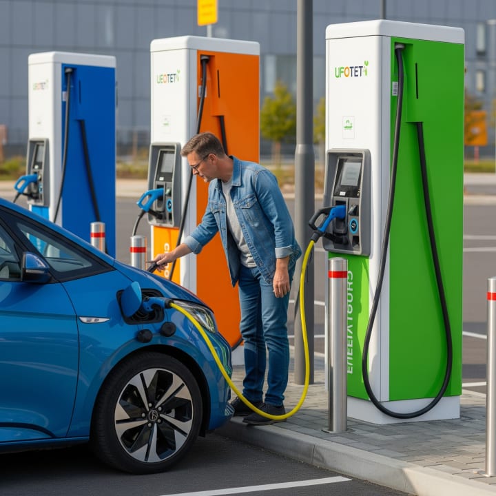 Man laadt elektrische auto op aan een snellaadpaal