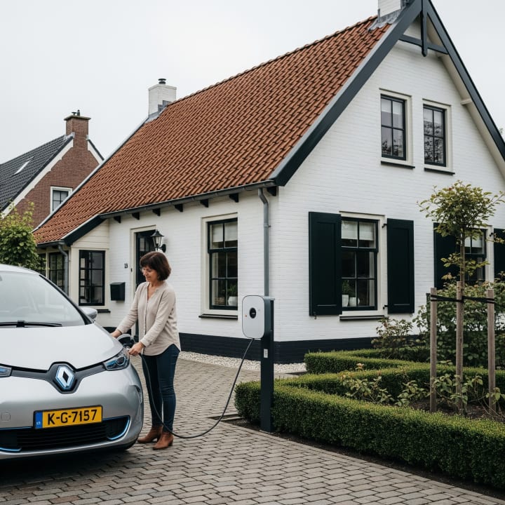 Vrouw laadt haar elektrische thuis met een laadpaal op