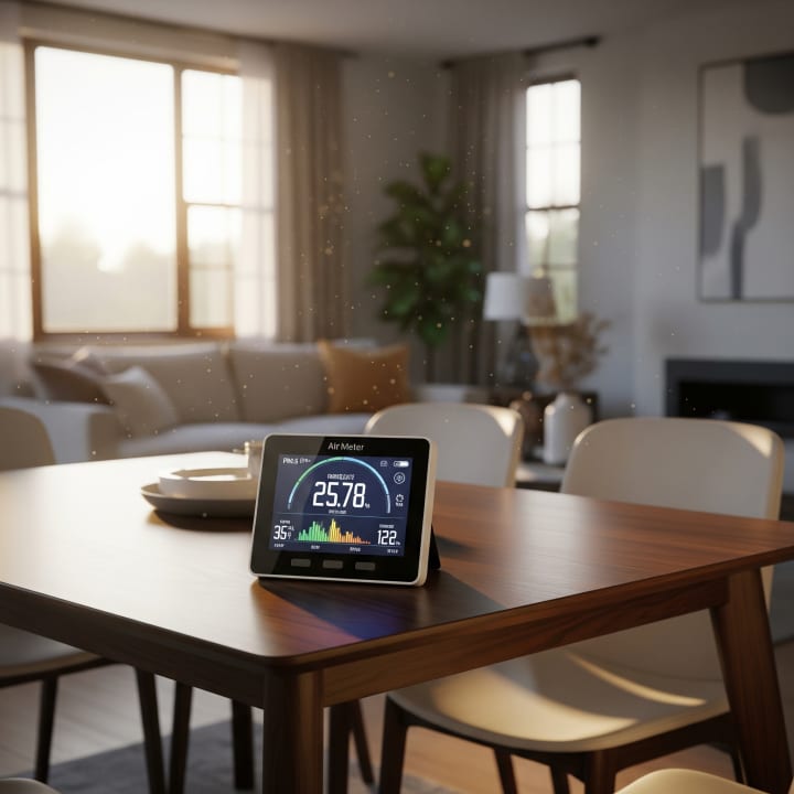 Luchtkwaliteitsmeter staat op de eettafel in een woonkamer