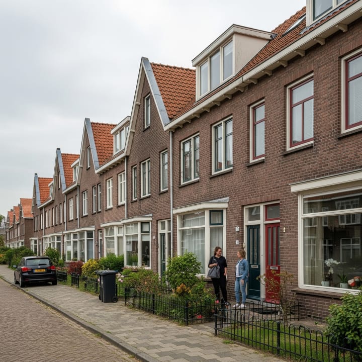 Straat met rijtjeshuizen waar 2 bewoners voor hun huis staan te praten