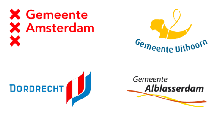 Logo's van gemeenten Amsterdam, Uithoorn, Dordrecht, Alblasserdam