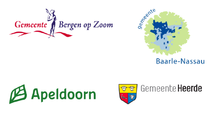 Logo's van gemeenten Bergen op Zoom, Baarle-Nassau, Apeldoorn en Heerde